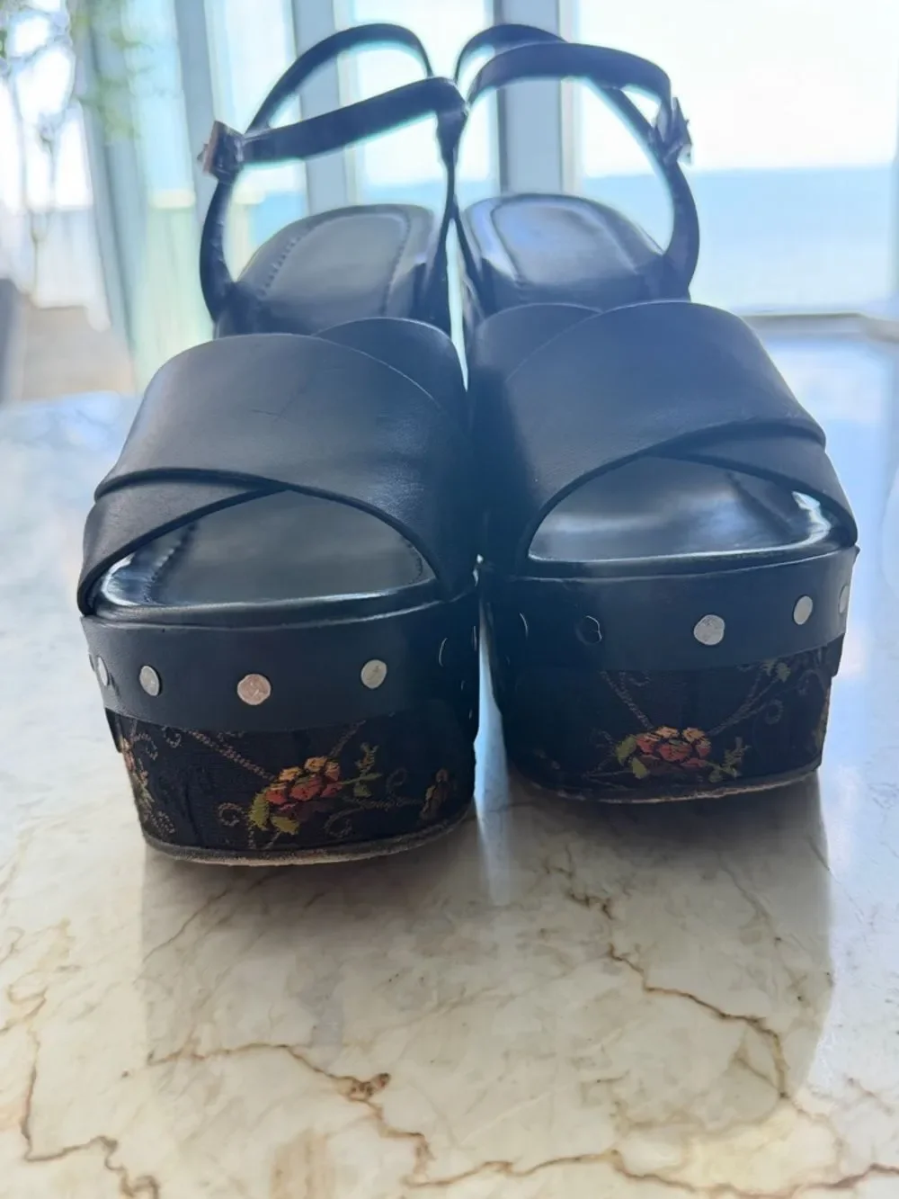 Prada Black Leather and Baroque Platform Sandals